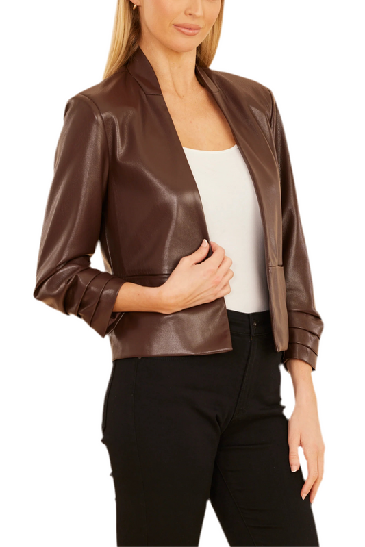 Rouched Sleeve Faux Leather Jacket in coffee by Dolce Cabo