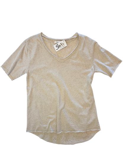 Short Sleeve Open V-Neck Boxy Tee in heather oat by Mododoc