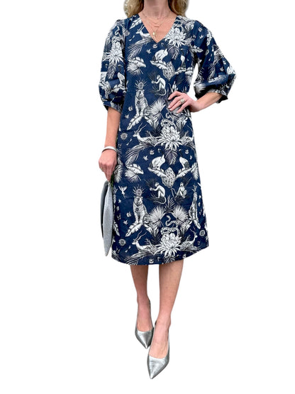 Casey Midi Dress in royal tiger navy by Fitzroy & Willa