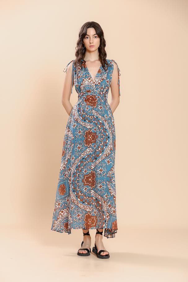 Sleeveless Printed Maxi Dress in blue by The Korner