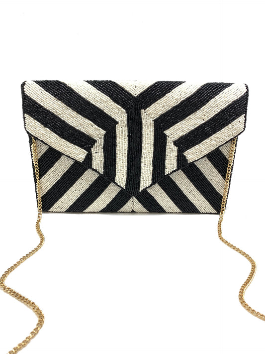 Beaded Stripe Clutch in black/white