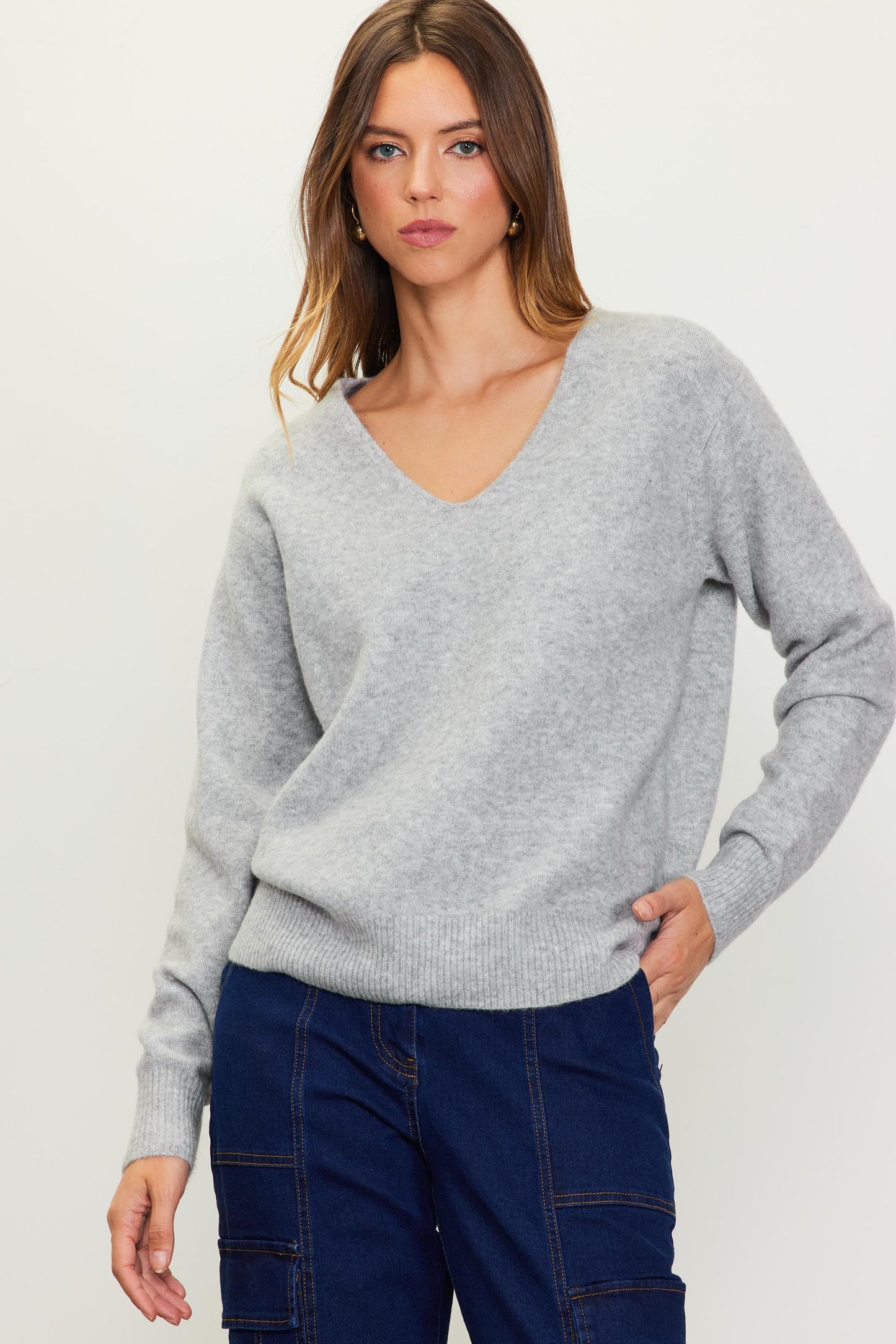 Long Sleeve V Neck Classic Sweater in grey by Skies are Blue