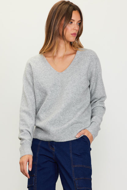 Long Sleeve V Neck Classic Sweater in grey by Skies are Blue