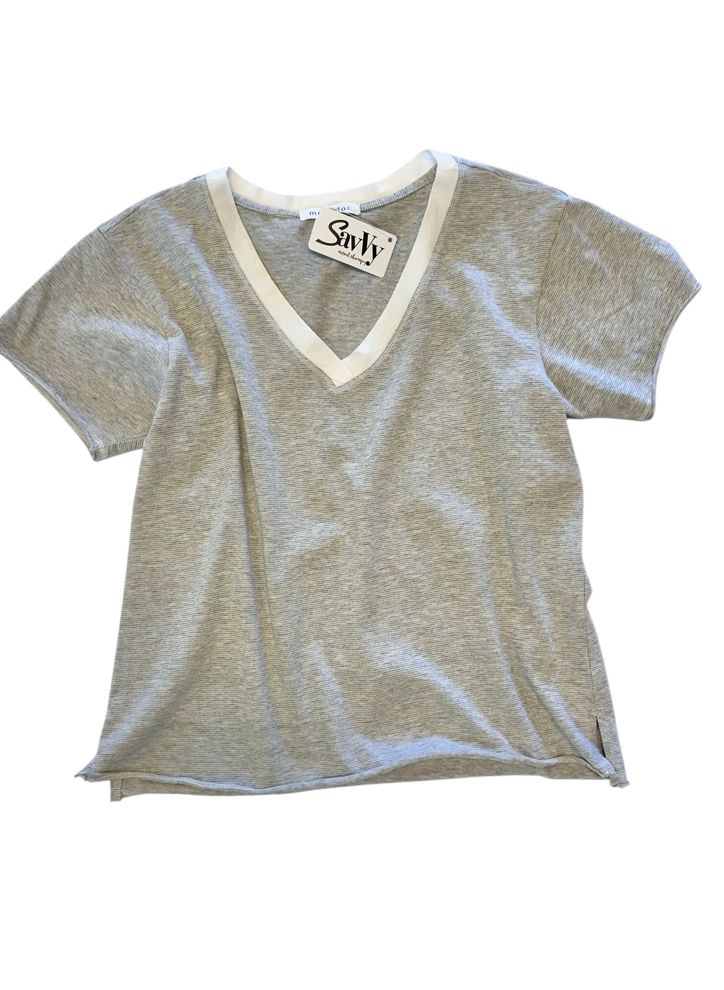 Short Sleeve Drop Shoulder Boxy V-Neck Tee in silver/white by Mododoc