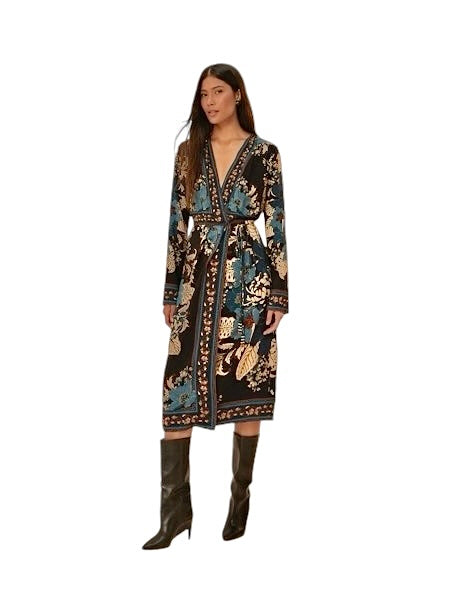 Blossom Tapestry Midi Wrap Dress in black by Farm Rio