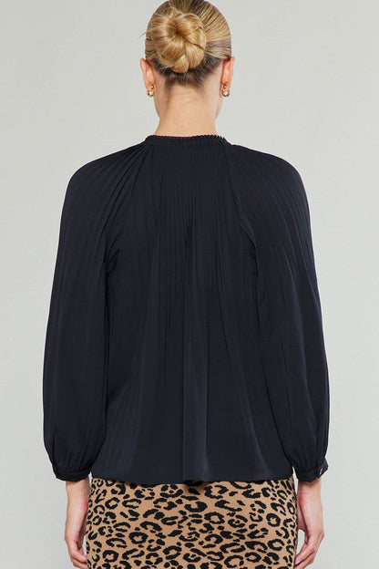 3/4 Sleeve Split Neck with Tie Pleated Top in black by Current Air