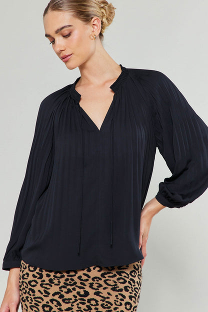 3/4 Sleeve Split Neck with Tie Pleated Top in black by Current Air