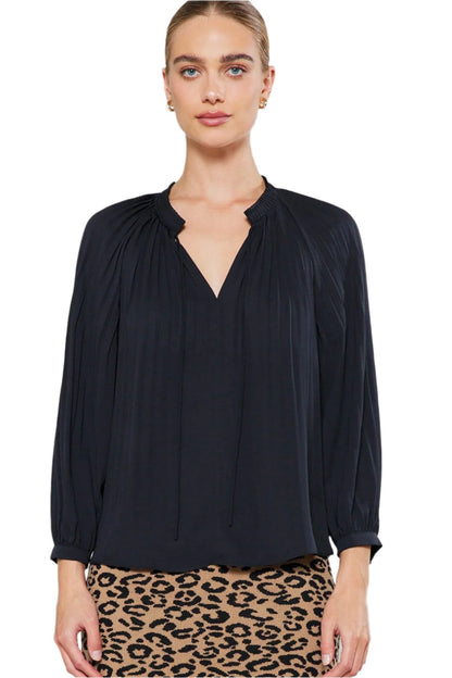 3/4 Sleeve Split Neck with Tie Pleated Top in black by Current Air