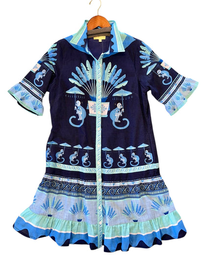 Lisbon Mini Dress in monkey placement navy by Isla Payal