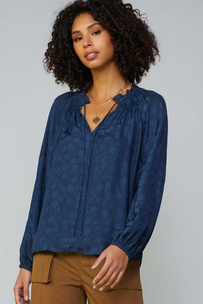 Long Sleeve Split Neck Blouse with Self Tie in midnight navy by Current Air