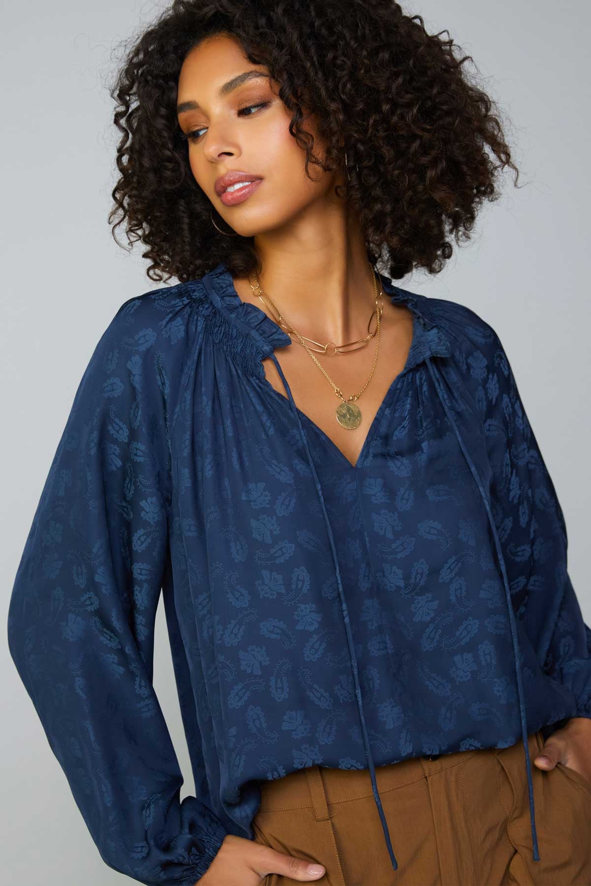 Long Sleeve Split Neck Blouse with Self Tie in midnight navy by Current Air