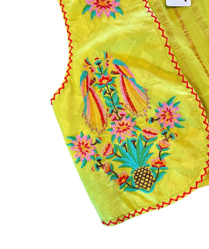 Cumin Vest Parrot Embroidery on Lime Jacquard by Nimo