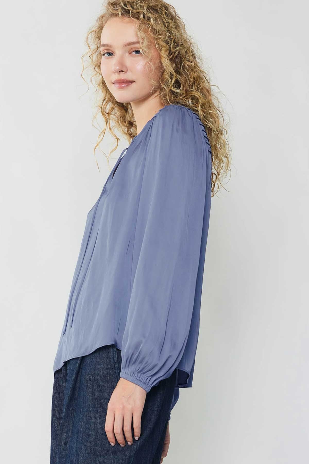 Long Sleeve Split Neck Blouse with Buttons in florentine blue by Current Air