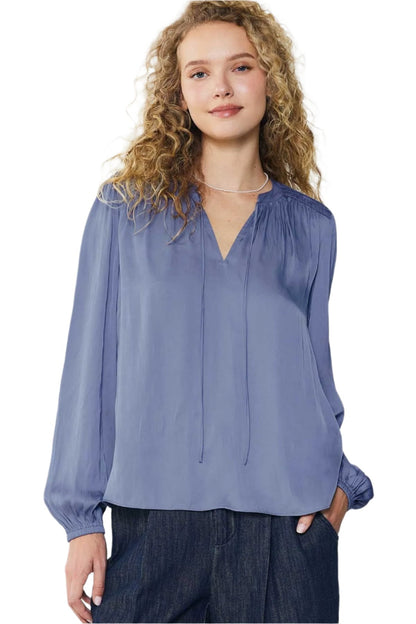 Long Sleeve Split Neck Blouse with Buttons in florentine blue by Current Air