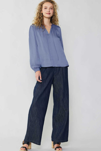 Long Sleeve Split Neck Blouse with Buttons in florentine blue by Current Air