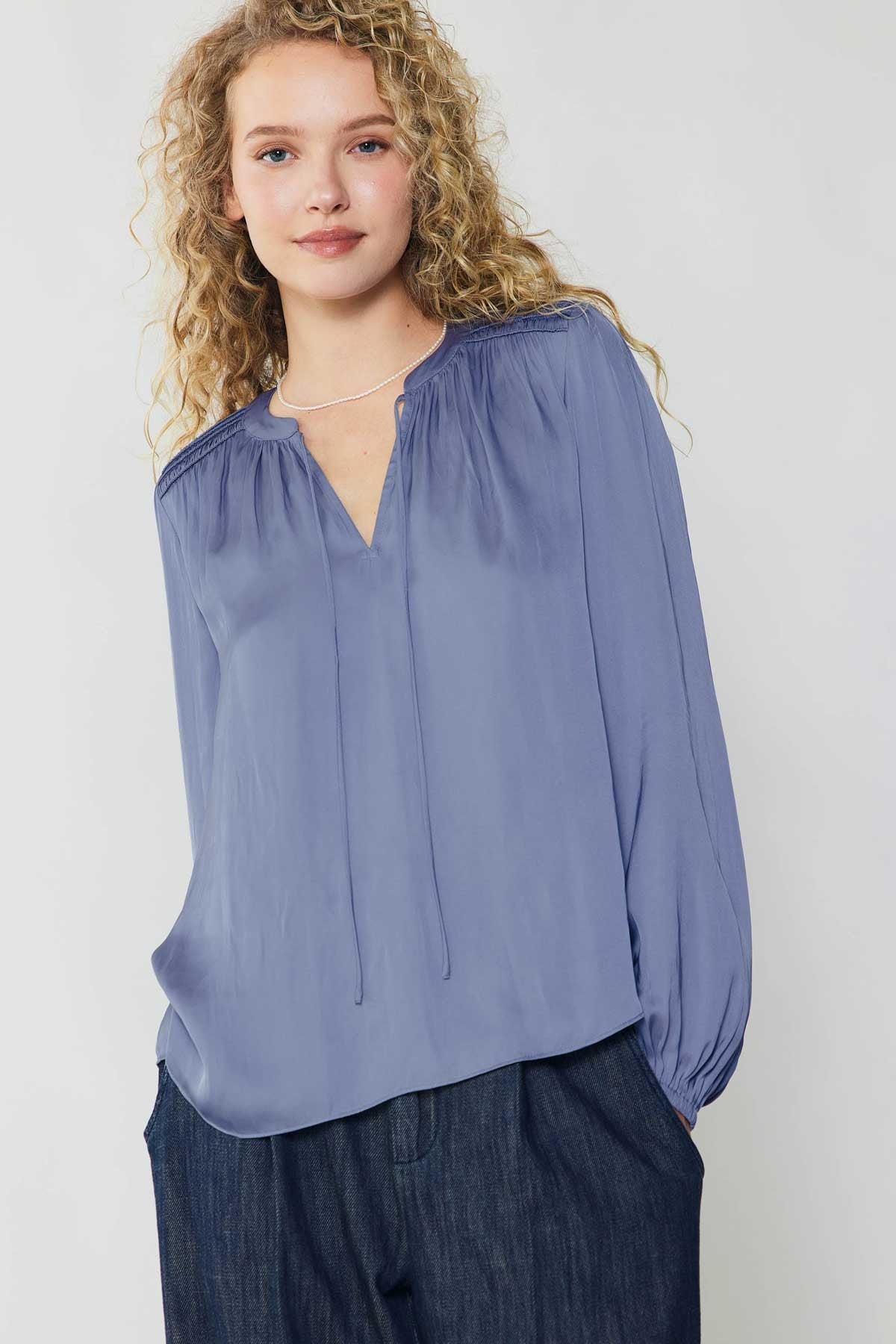 Long Sleeve Split Neck Blouse with Buttons in florentine blue by Current Air