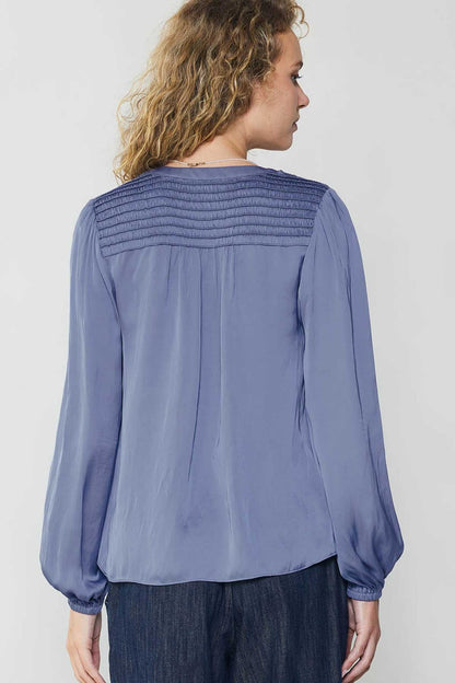 Long Sleeve Split Neck Blouse with Buttons in florentine blue by Current Air