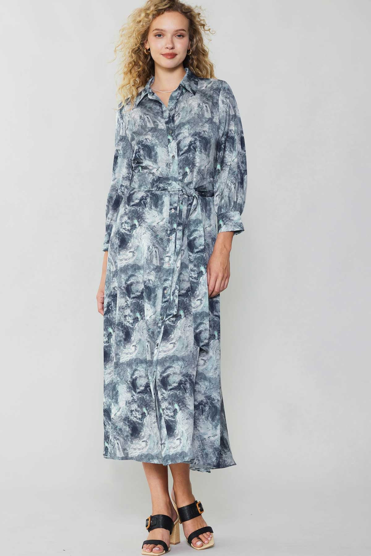 Abstract Printed Button Down Shirt Midi Dress in grey multi by Current ...