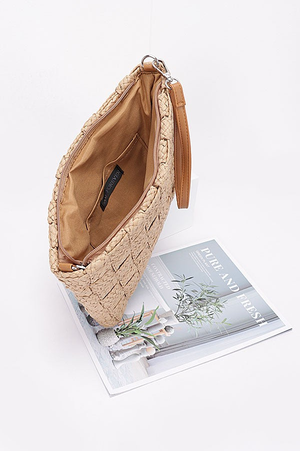 Braided Straw Clutch in khaki