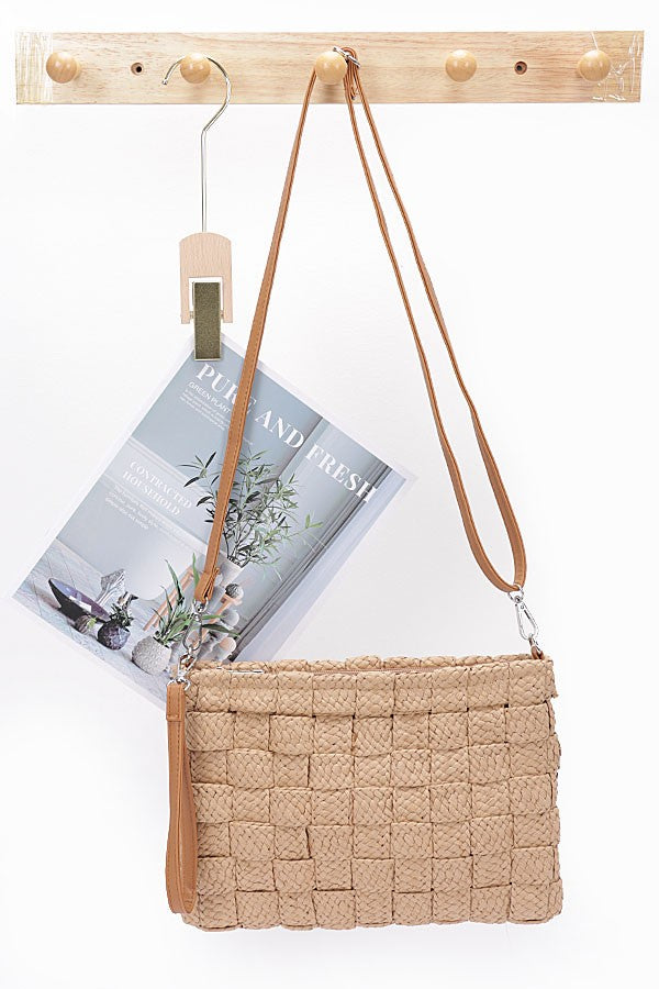 Braided Straw Clutch in khaki