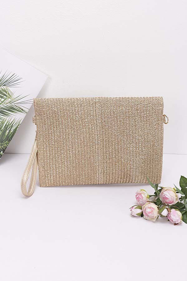 Metallic Straw Envelope Clutch in silver