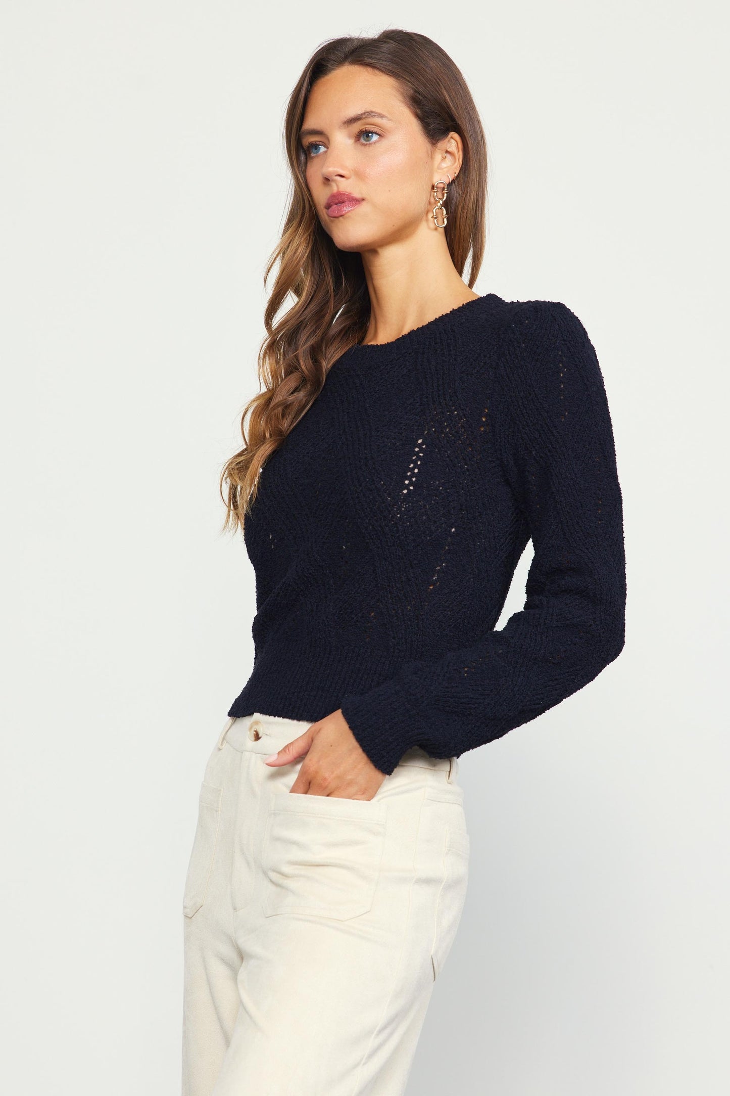 Crew Neck Cable Knit Sweater in black by Skies are Blue