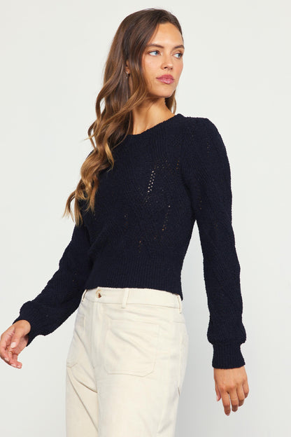 Crew Neck Cable Knit Sweater in black by Skies are Blue