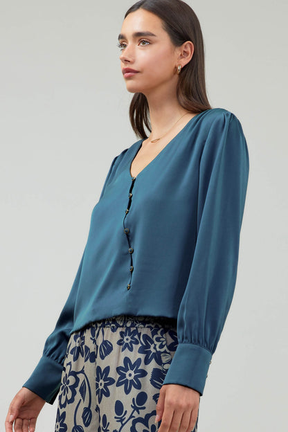 V-Neck Surplus Button Down Blouse in dark steel blue by Current Air