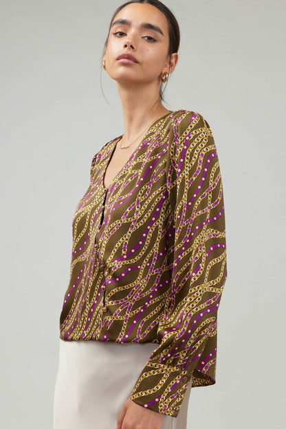 V-Neck Surplus Button Down Printed Blouse in olive/wine by Current Air