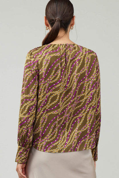 V-Neck Surplus Button Down Printed Blouse in olive/wine by Current Air