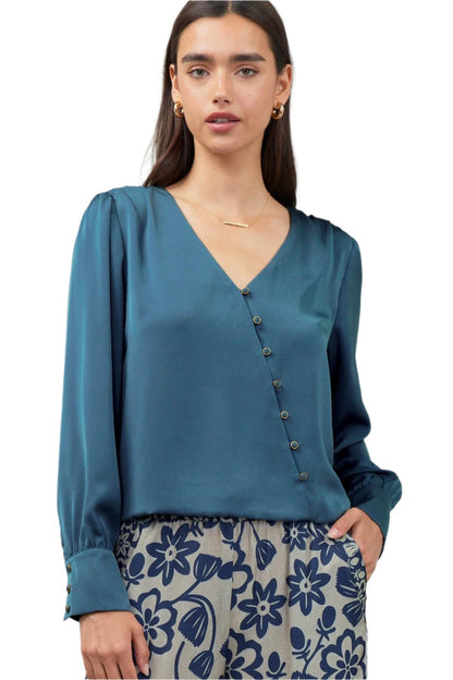 V-Neck Surplus Button Down Blouse in dark steel blue by Current Air