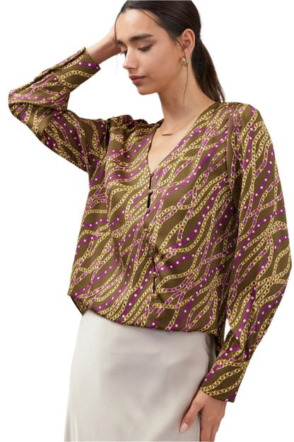 V-Neck Surplus Button Down Printed Blouse in olive/wine by Current Air