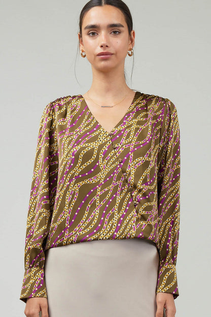 V-Neck Surplus Button Down Printed Blouse in olive/wine by Current Air