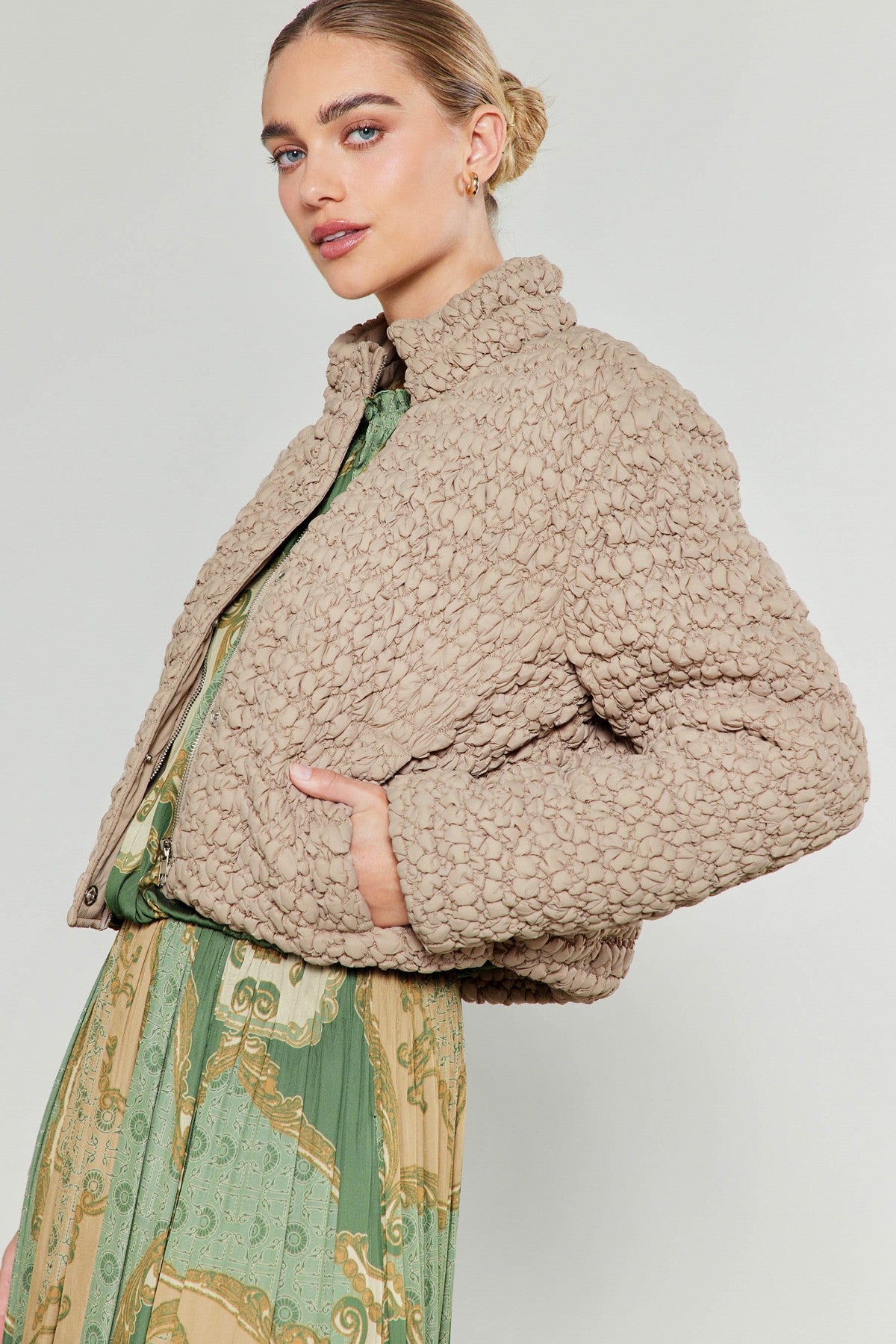 Long Sleeve Quilted Puffer Jacket in taupe by Current Air