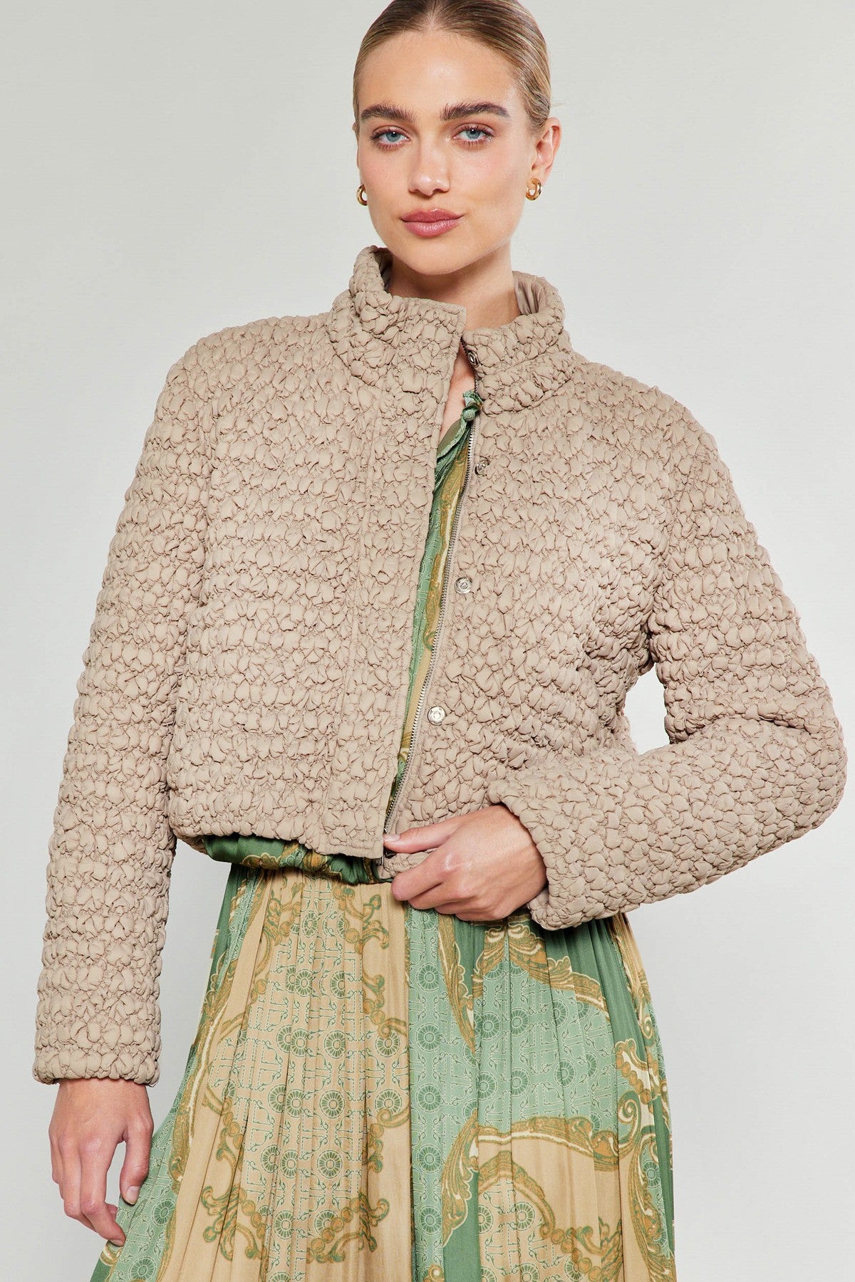 Long Sleeve Quilted Puffer Jacket in taupe by Current Air