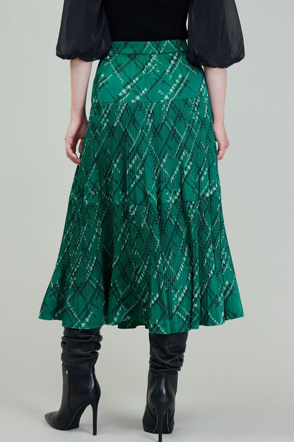 Pleated Printed Midi Skirt in teal green by Current Air