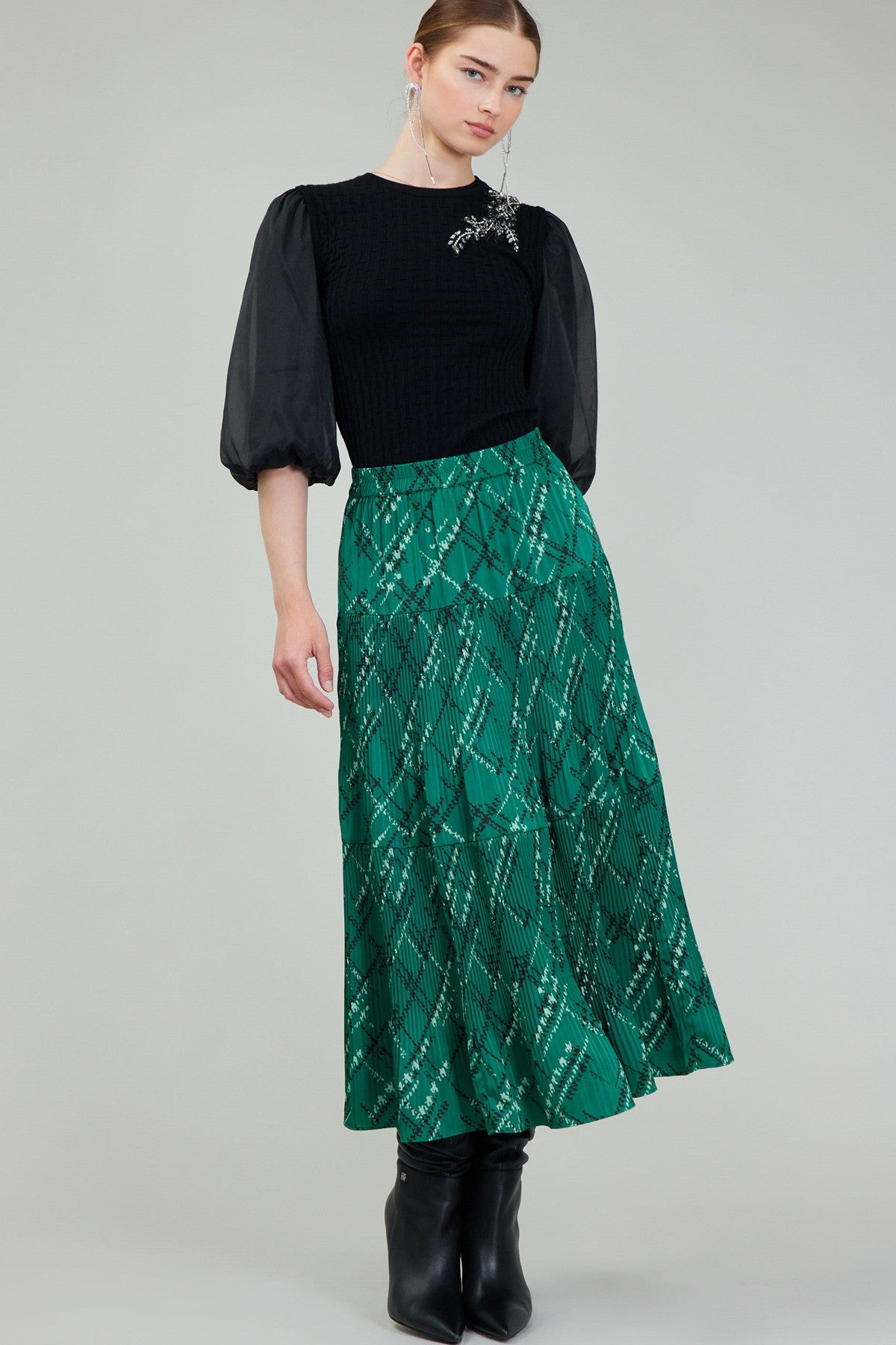 Pleated Printed Midi Skirt in teal green by Current Air