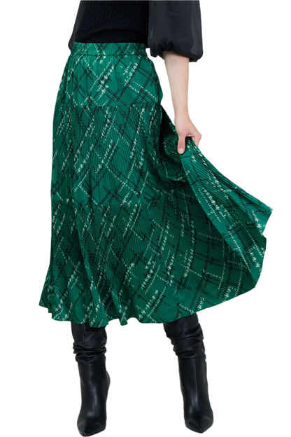 Pleated Printed Midi Skirt in teal green by Current Air