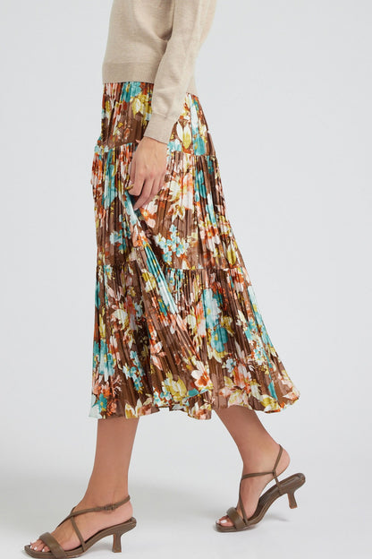 Floral Print Pleated Tiered Maxi Skirt in brown by Current Air