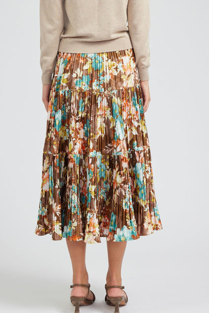 Floral Print Pleated Tiered Maxi Skirt in brown by Current Air