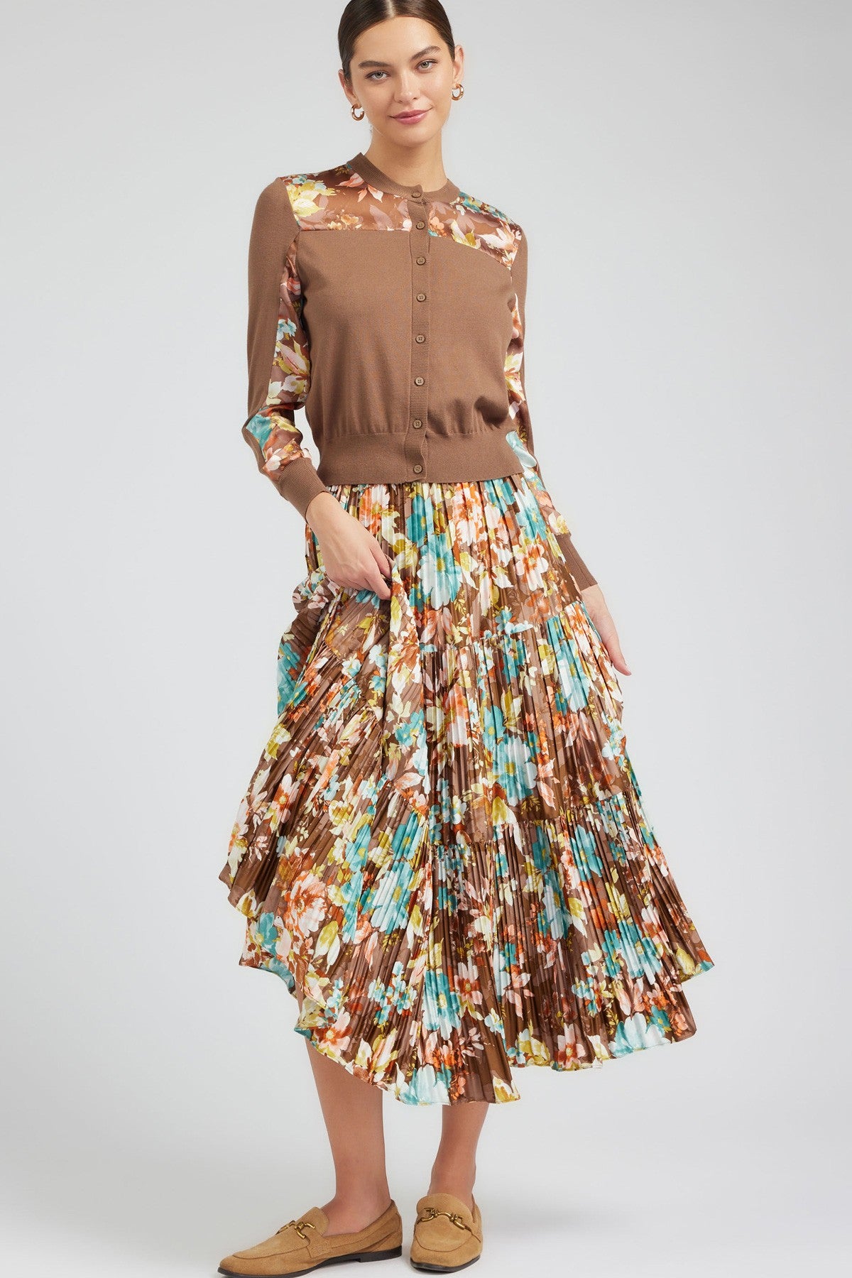 Floral Print Pleated Tiered Maxi Skirt in brown by Current Air