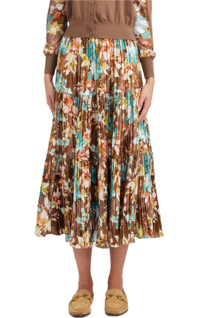 Floral Print Pleated Tiered Maxi Skirt in brown by Current Air