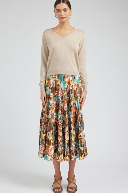 Floral Print Pleated Tiered Maxi Skirt in brown by Current Air