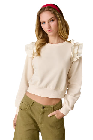 Madeline Cropped Ruffle Sweatshirt in cream by Papermoon