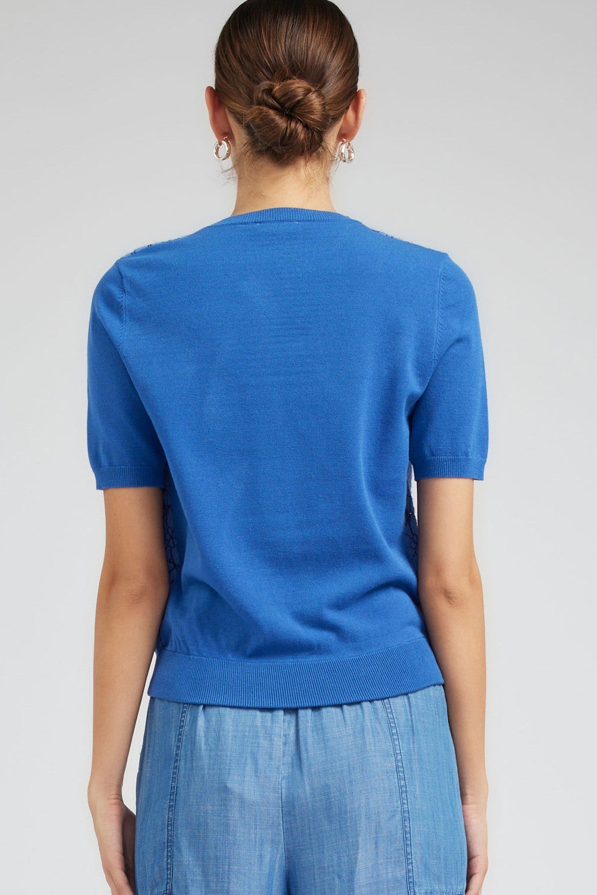 Short Sleeve Lace Overlay Sweater in blue by Current Air