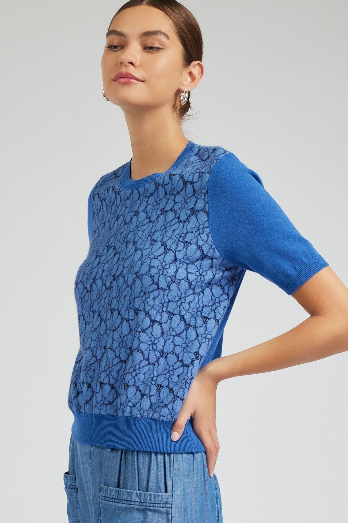 Short Sleeve Lace Overlay Sweater in blue by Current Air