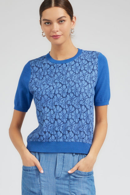 Short Sleeve Lace Overlay Sweater in blue by Current Air