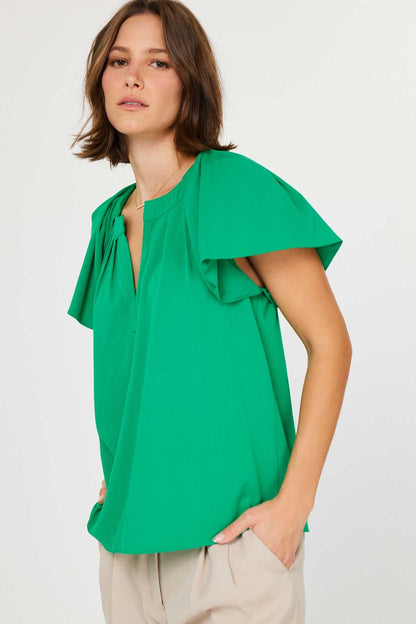 Short Sleeve Split Neck Blouse in jade green by Current Air