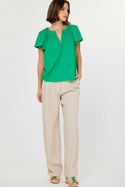 Short Sleeve Split Neck Blouse in jade green by Current Air