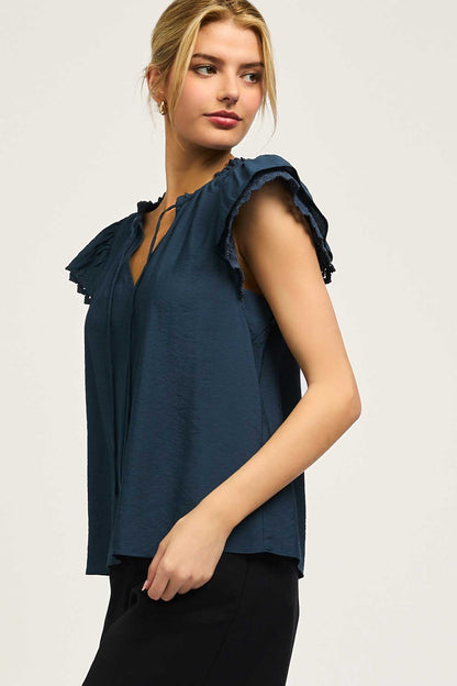 Crochet Detail S/S Blouse in Navy by Current Air